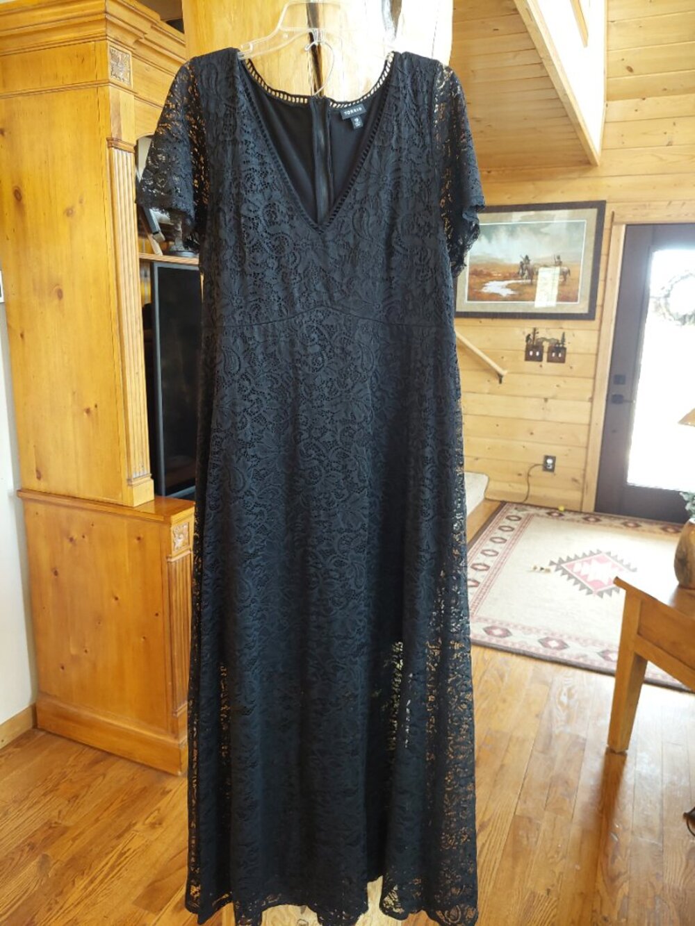 Torrid black lace maxi dress features a V-neckline, flutter sleeves sz 18